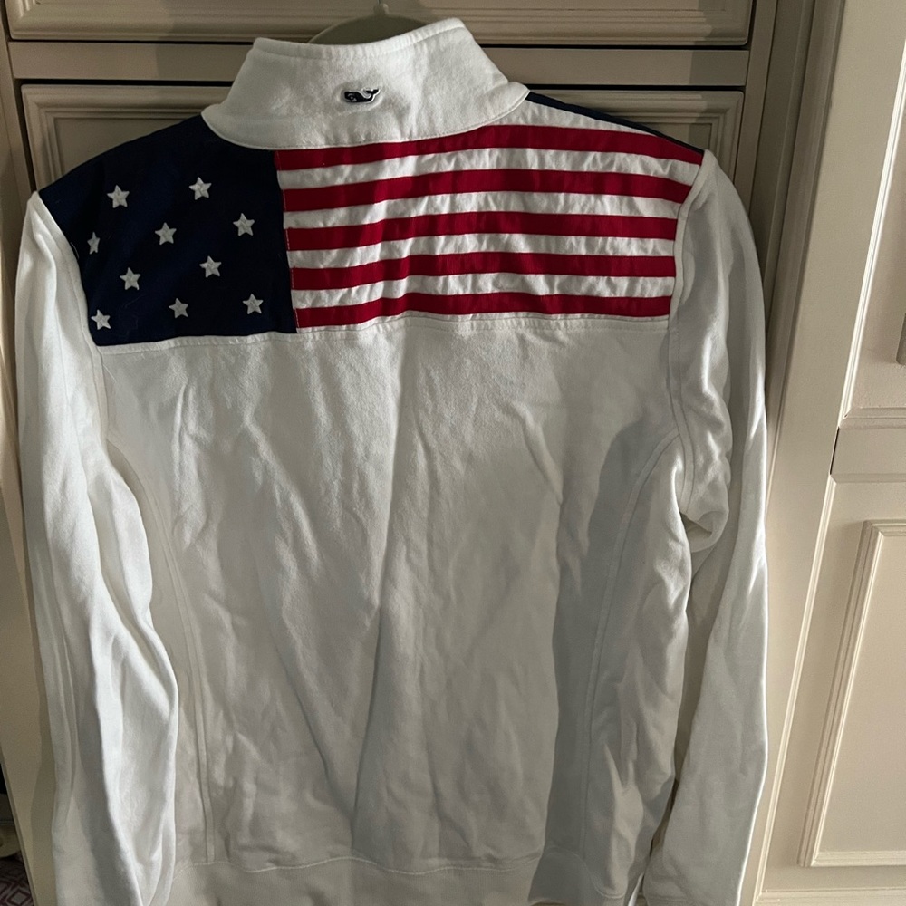Vineyard Vines quarter zip red, white and blue flag.